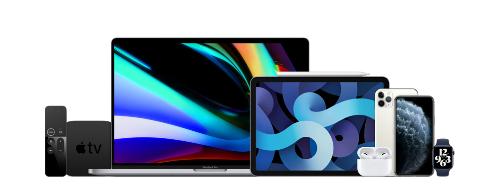Apple TV 4K mit MacBook Pro 16", iPad Air, Apple Pencil, AirPods Pro, iPhone 11 Pro Max, iPhone 11Pro, Apple Watch Series 6