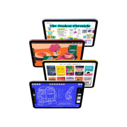 Vier iPads in unterschiedlichen Farben, die jeweils verschiedene Inhalte auf dem Display zeigen – darunter Comics, Bücher, Illustrationen und eine digitale Zeitung