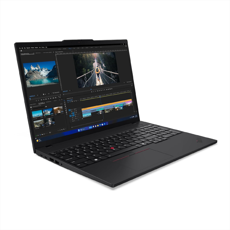 Lenovo ThinkPad T16 Gen 3 – geöffnetes Notebook seitlich mit geöffneter Videobearbeitungssoftware