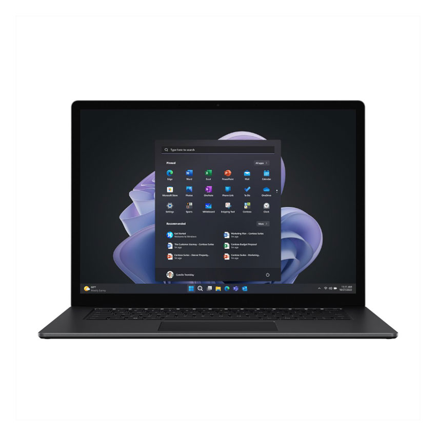 microsoft-surface-laptop-5-13-5-zoll-intel-core-i5-business-notebook-mieten-fonlos Microsoft Surface Laptop 5 – 13,5 Zoll Notebook in Schwarz, geöffnet mit Windows 11 Startbildschirm