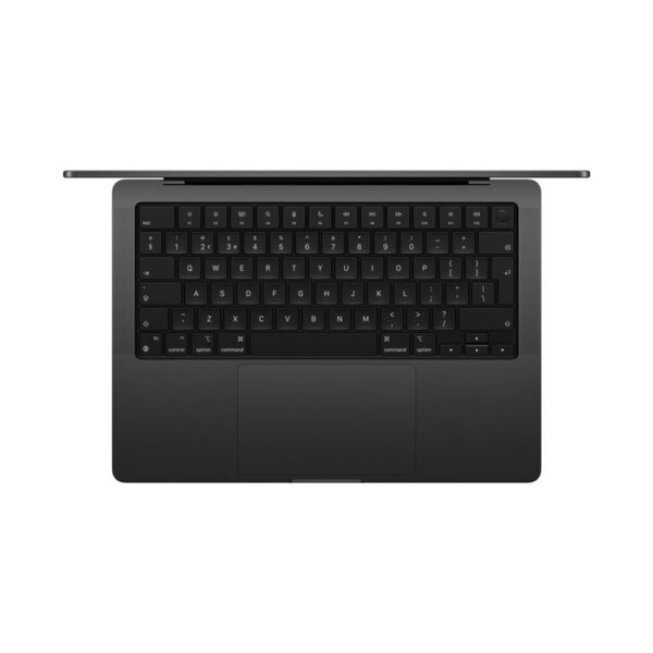Apple MacBook Pro 14 Zoll (2024) – Draufsicht auf Tastatur in Space Black mit schwarzem Keyboard.