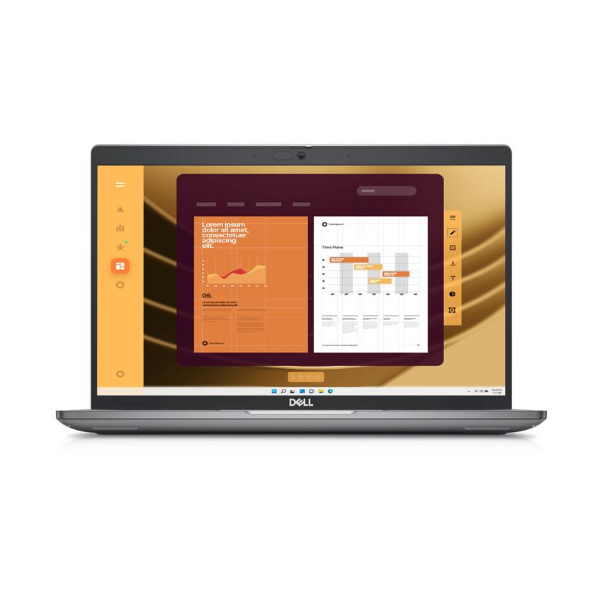 Dell Latitude 5450 Business-Laptop in Grau, Frontansicht mit geöffnetem Bildschirm, zeigt geöffnete Windows-Oberfläche und Anwendungsfenster.