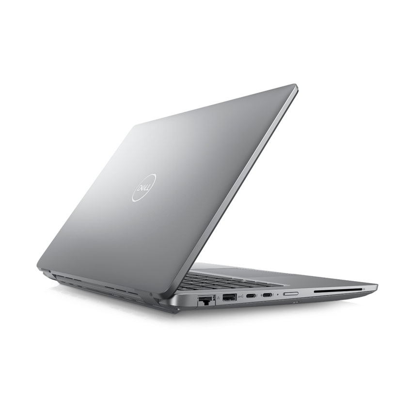 Dell Latitude 5450 Business-Laptop in Grau, Rückansicht mit geöffnetem Deckel. Sichtbar sind diverse Anschlüsse wie Ethernet, USB, HDMI und SD-Kartenleser.
