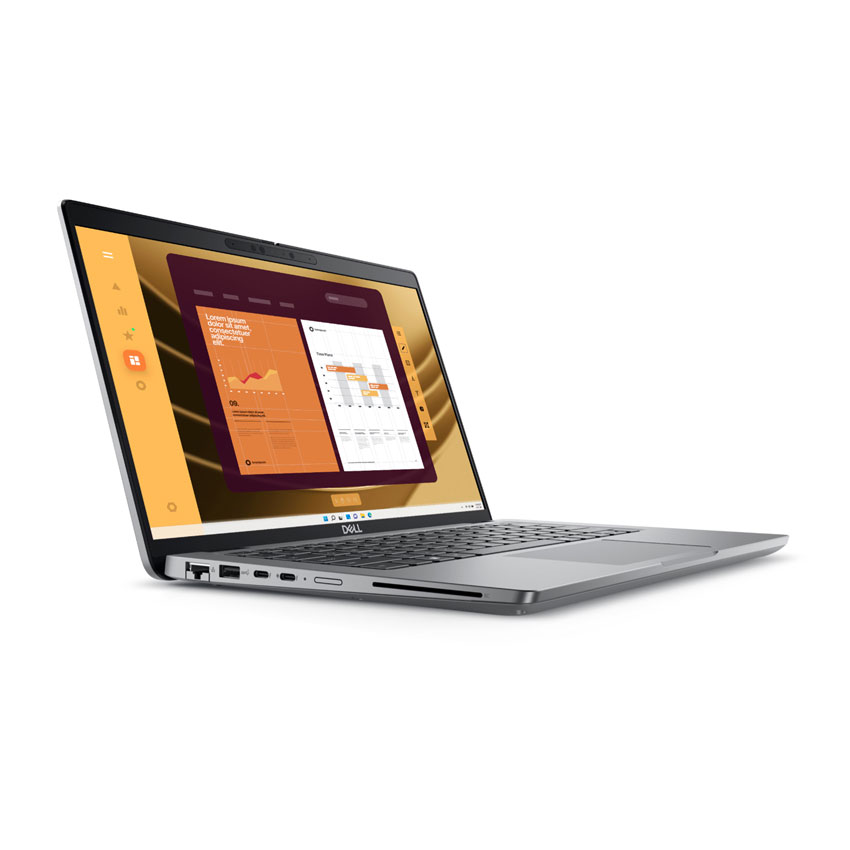 Seitliche Ansicht des Dell Latitude 5450 Business-Laptops mit offenem Display, Tastatur und verschiedenen Anschlussmöglichkeiten.
