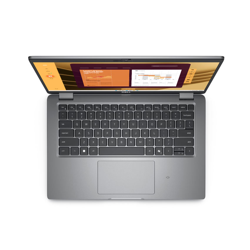 Dell Latitude 5450 Laptop von oben mit offenem Display und Tastatur, zeigt eine geöffnete Anwendung mit Kalender und Nachrichten auf dem Bildschirm.