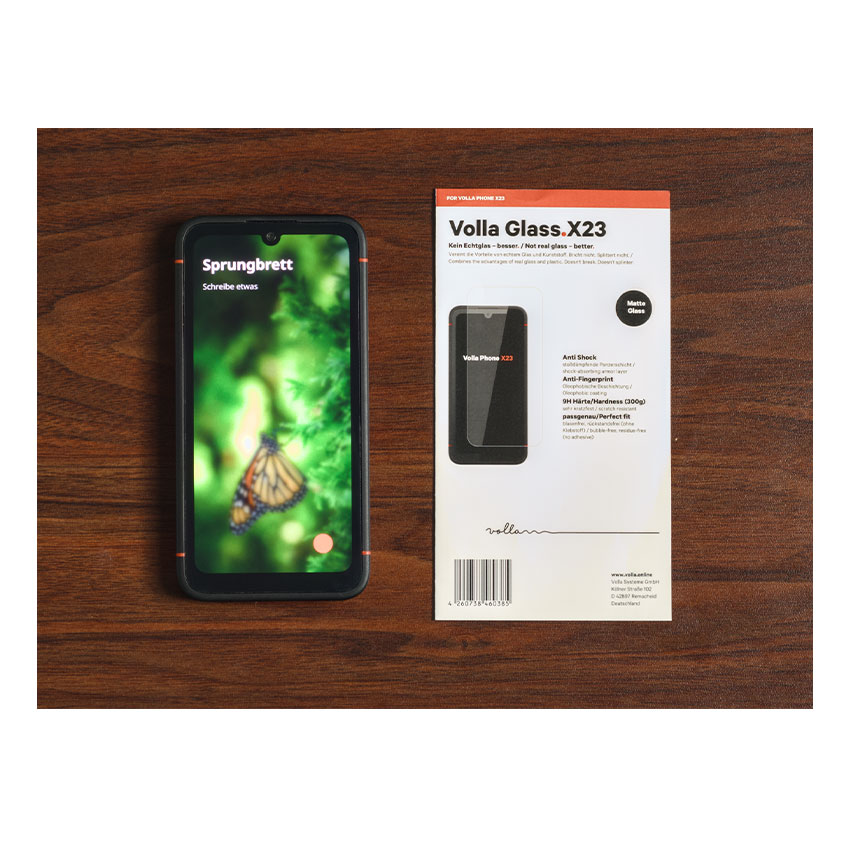 Volla Phone X23 mit Ubuntu Touch – Smartphone mit mattem Displayglas und Originalverpackung des Schutzglases