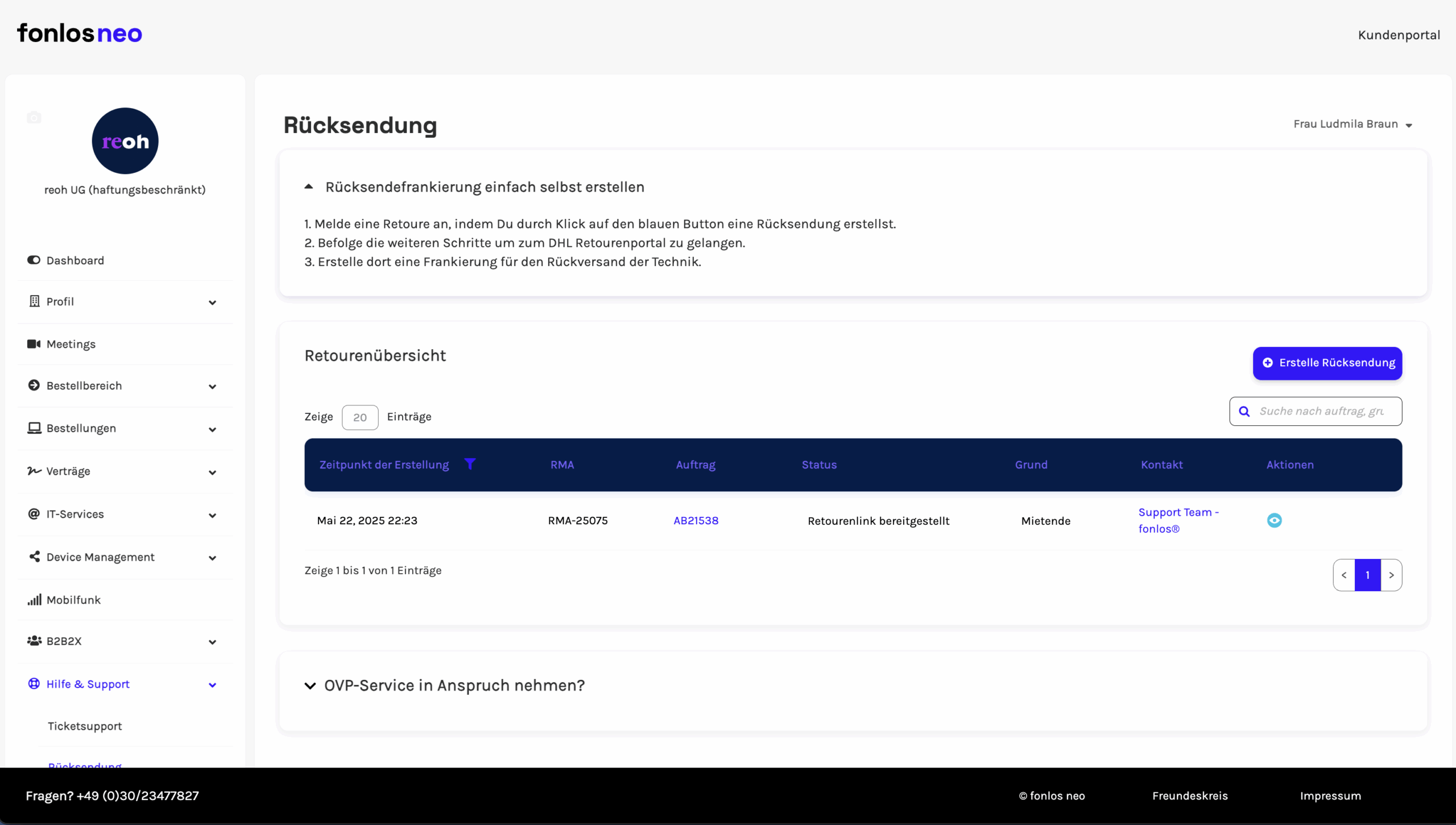 fonlos-neo-retourenportal-ruecksendung-fonlos-neo Screenshot des fonlos neo Retourenportals zur einfachen Erstellung von Rücksendungen