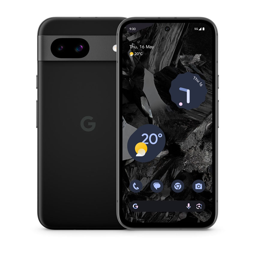 Google Pixel 8a 128GB in schwarz, Vorder- und Rückseite